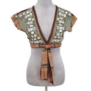 A Common Thread Top Womens Small Green Brown Beads Wrap Blouse Low Cut India